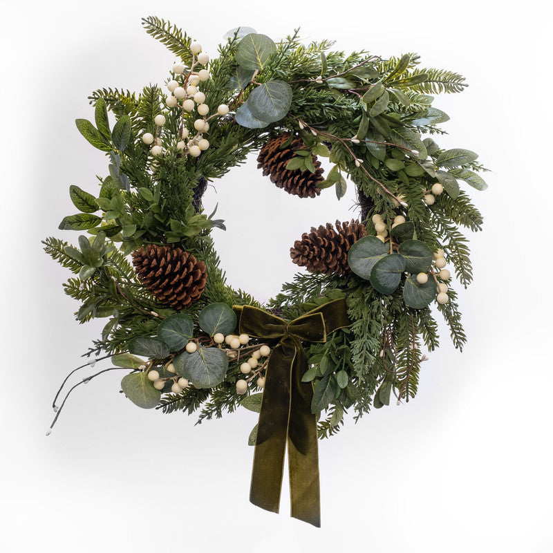 Mistletoe & Pine Cone Wreath with Green Bow 55cm